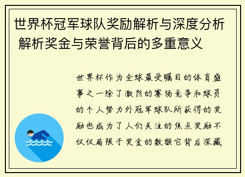 世界杯冠军球队奖励解析与深度分析 解析奖金与荣誉背后的多重意义